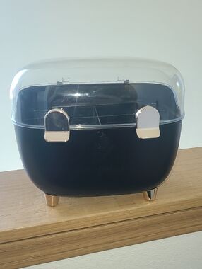 Small Black Cosmetic Organizer with Clear Lid and Gold Accents